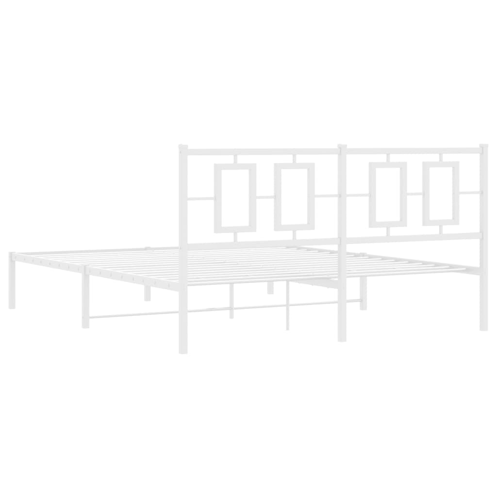 White metal bed frame with a slatted base and headboard