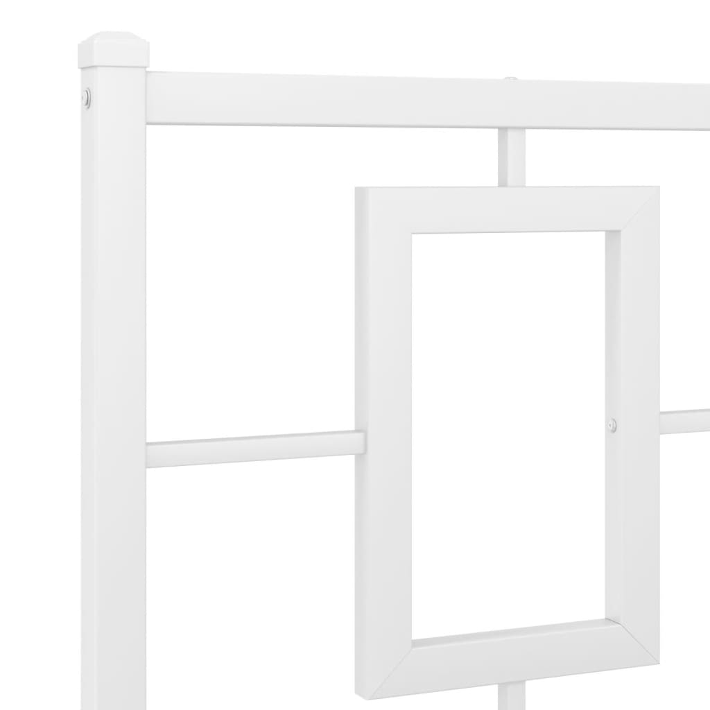 Modern white metal bed frame with geometric headboard detail