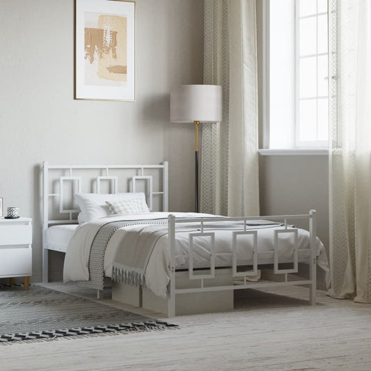 White metal twin bed frame with geometric headboard and footboard