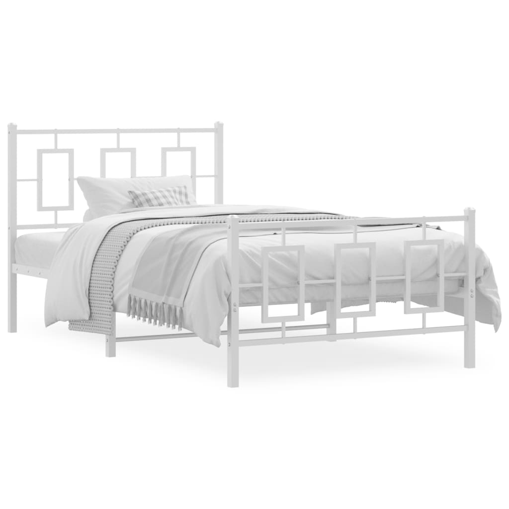 White metal twin bed frame with decorative headboard and footboard