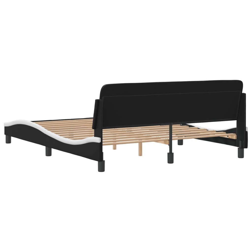 Black faux leather bed frame with adjustable headrest and wooden slats