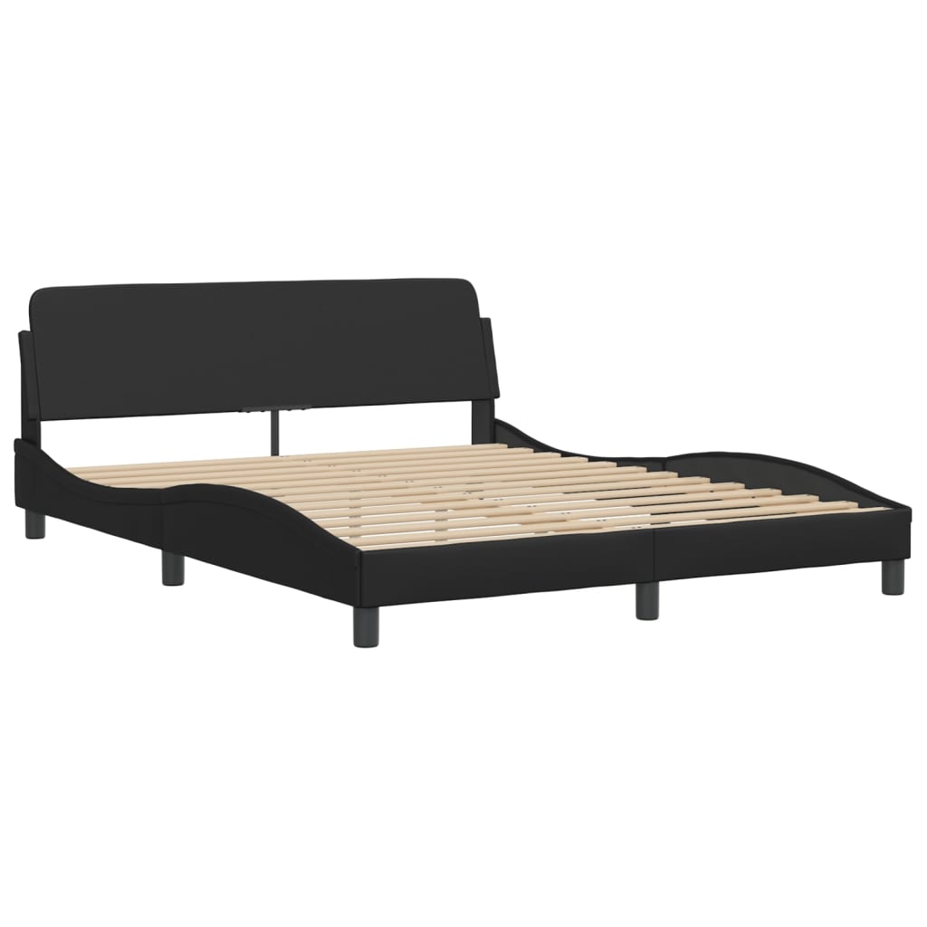 Sleek black faux leather bed frame with a modern curved headboard and white mattress