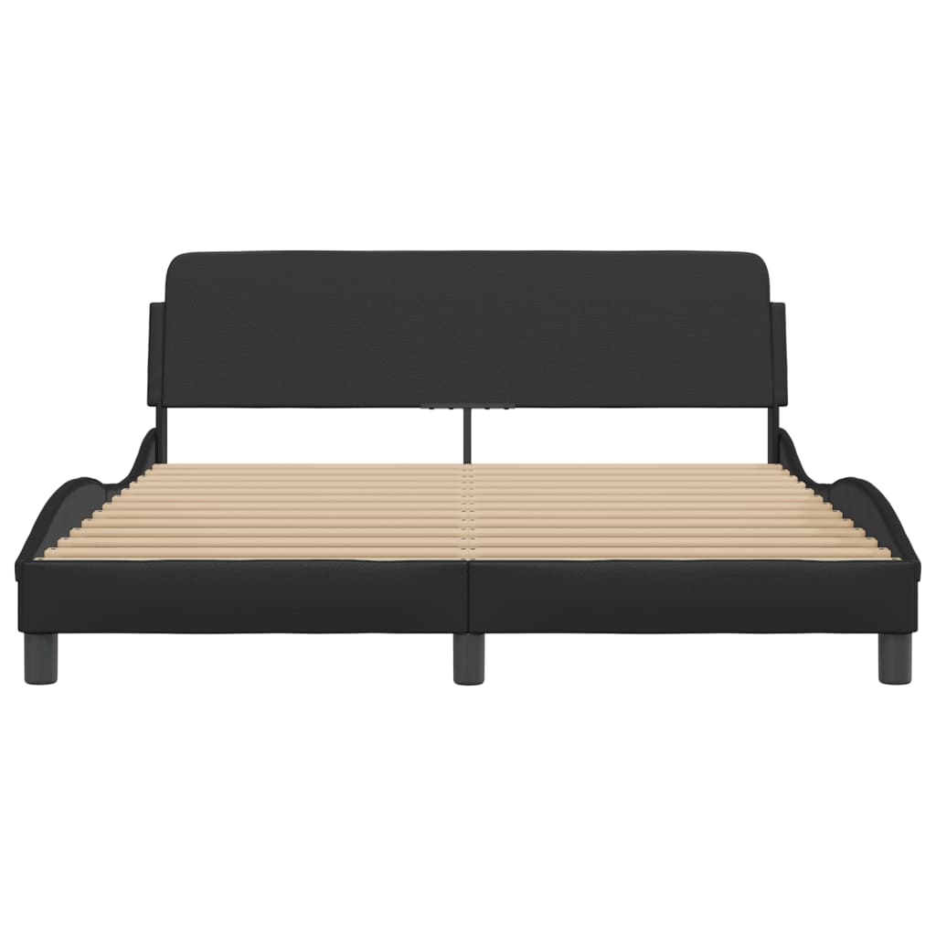 Black upholstered platform bed frame with curved headboard