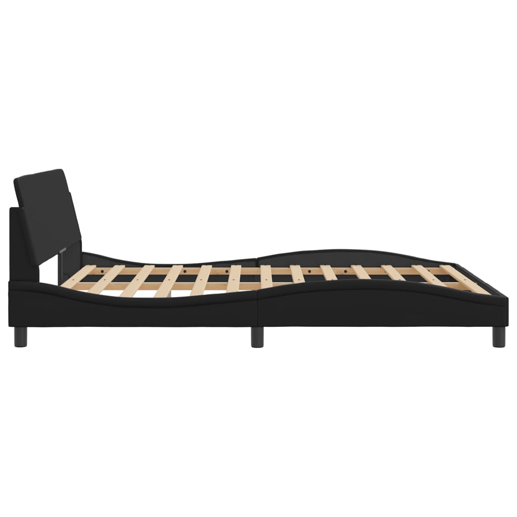 Black fabric upholstered bed frame with wooden slats