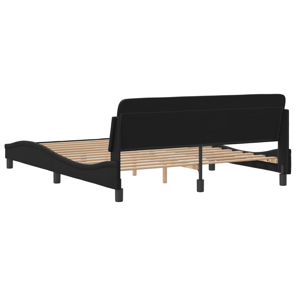 Black faux leather bed frame with adjustable headboard and slatted base