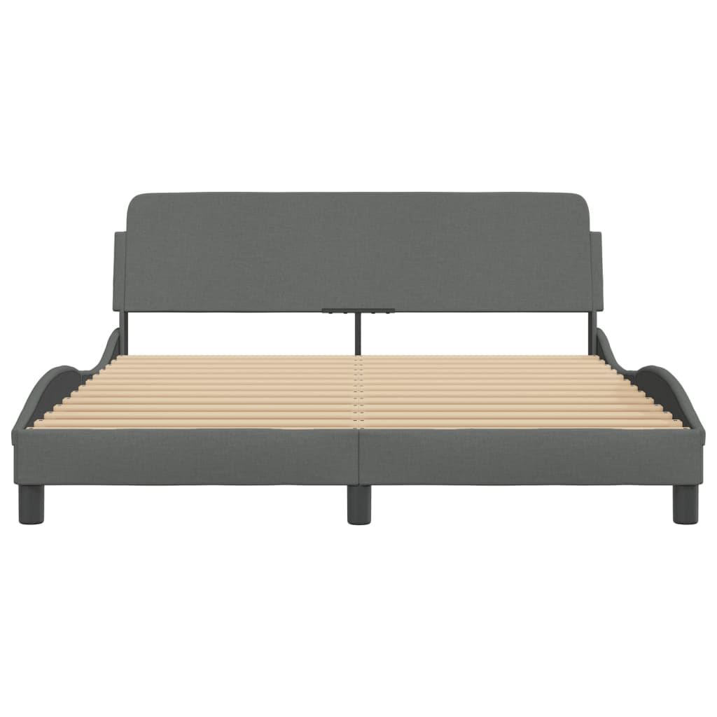 Upholstered platform bed frame in charcoal grey with wooden slats