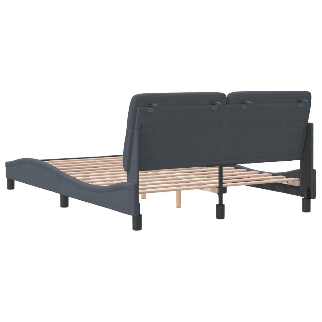 Dark gray upholstered modern bed frame with slatted base