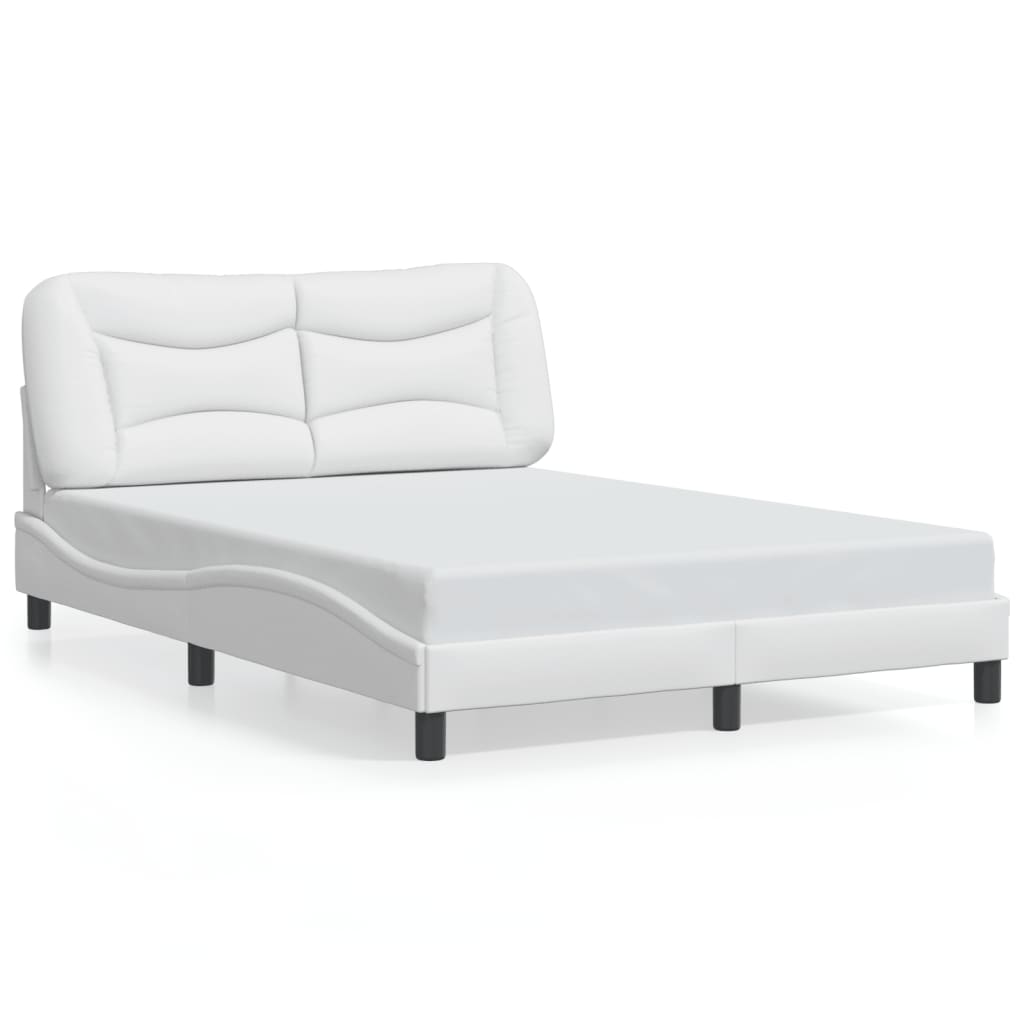 Diagram showing dimensions of a white upholstered platform bed frame with a tufted headboard
