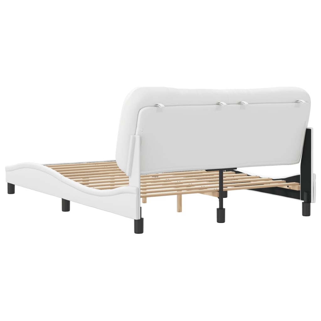 White upholstered platform bed frame with wooden slats