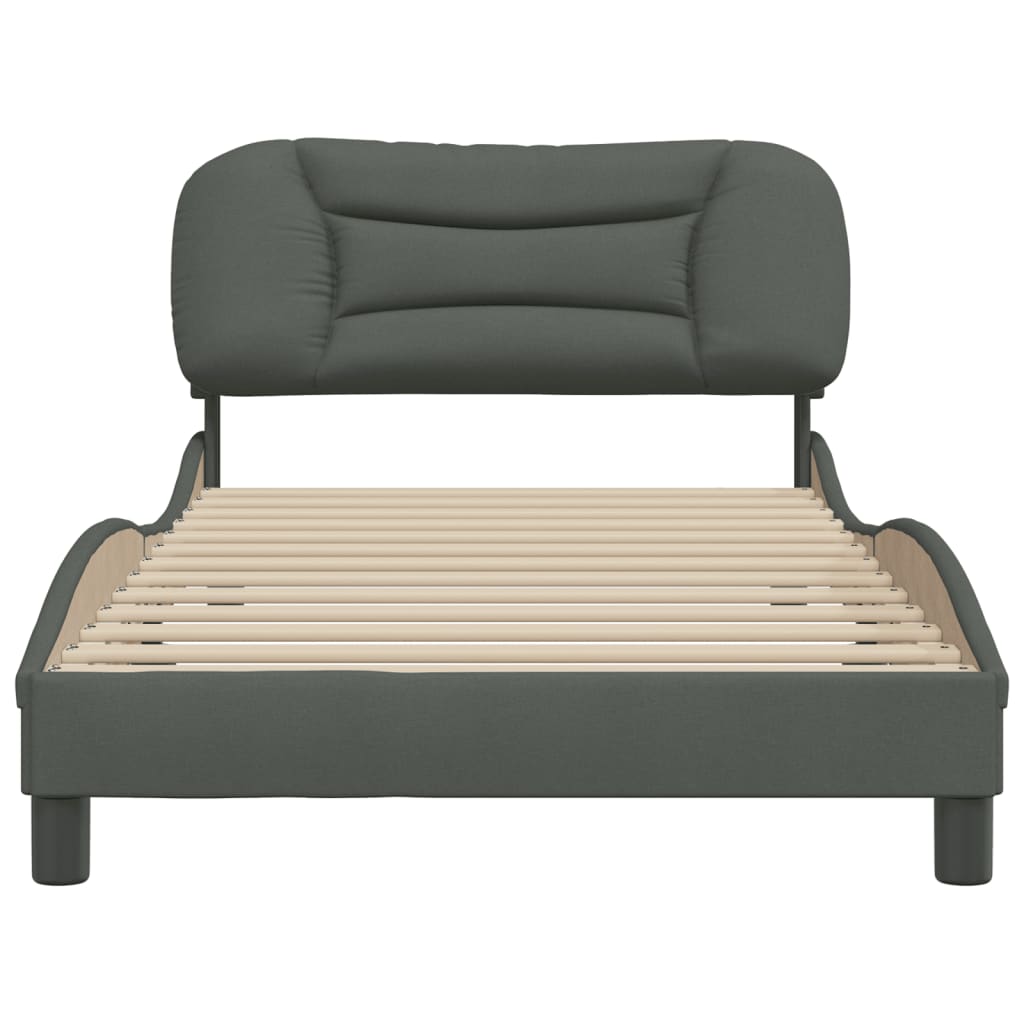 Modern grey fabric upholstered bed frame with curved headboard and wooden slats