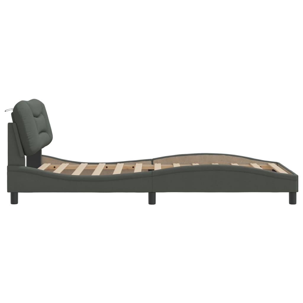 Upholstered dark grey modern bed frame with wooden slats