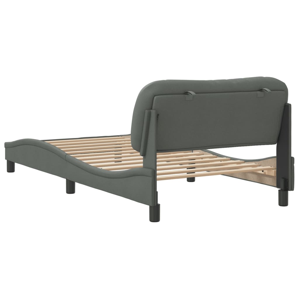 Dark grey fabric bed frame with adjustable headrest and wooden slats