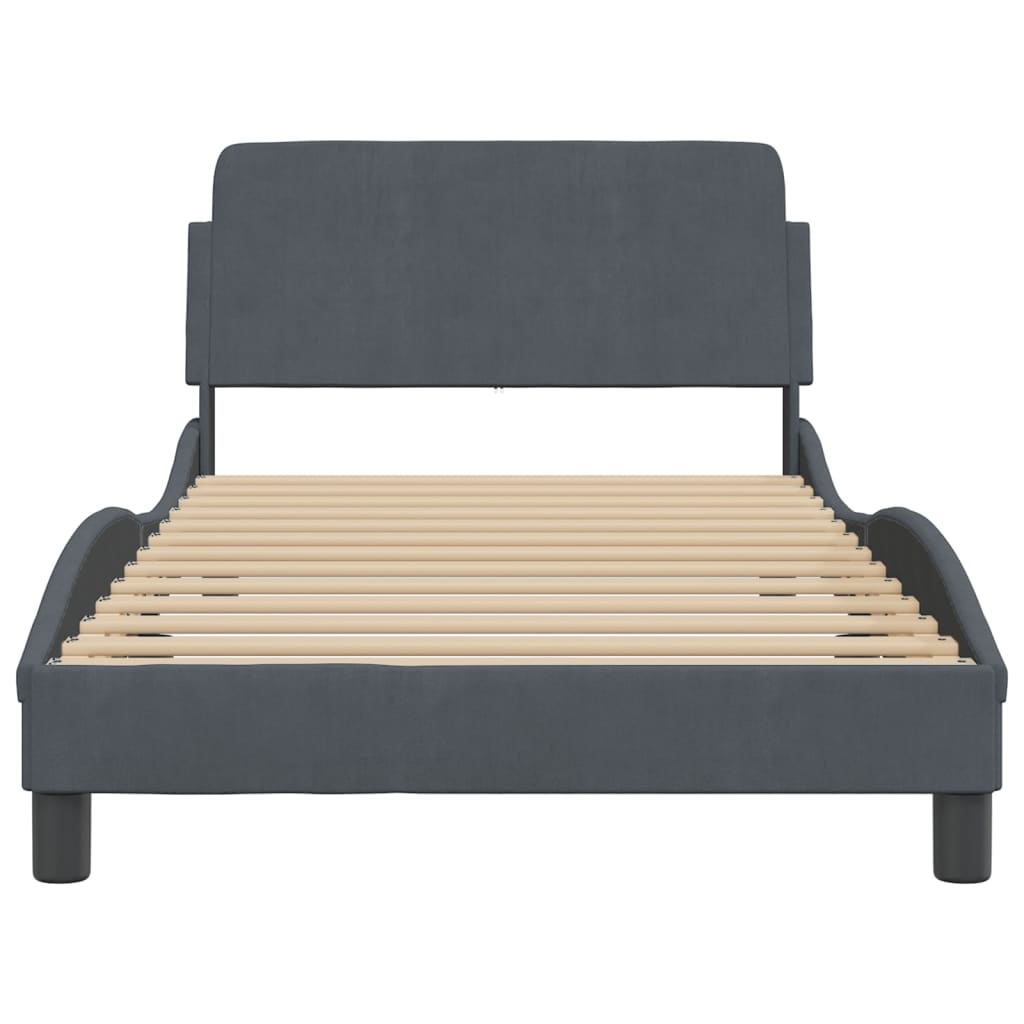 Dark grey upholstered bed frame with wooden slats