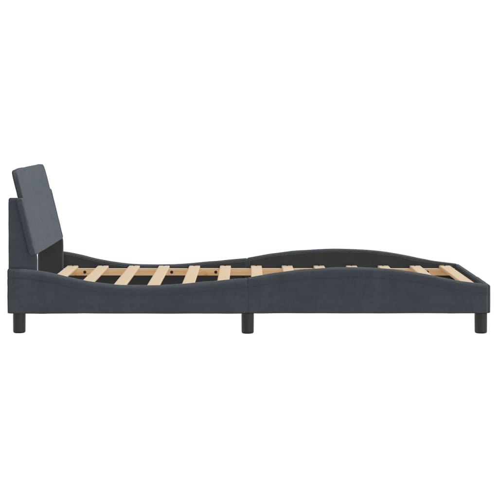 Dark grey fabric upholstered bed frame with slatted base