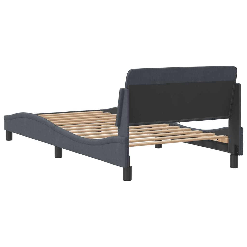 Dark gray upholstered bed frame with wooden slats and adjustable headboard