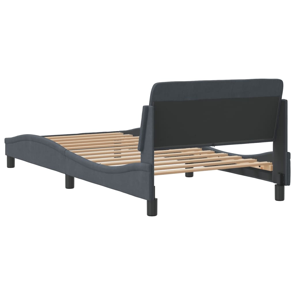 Dark gray upholstered bed frame with wooden slats
