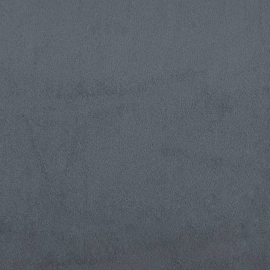 Dark gray upholstered bed frame corner with black cylindrical leg