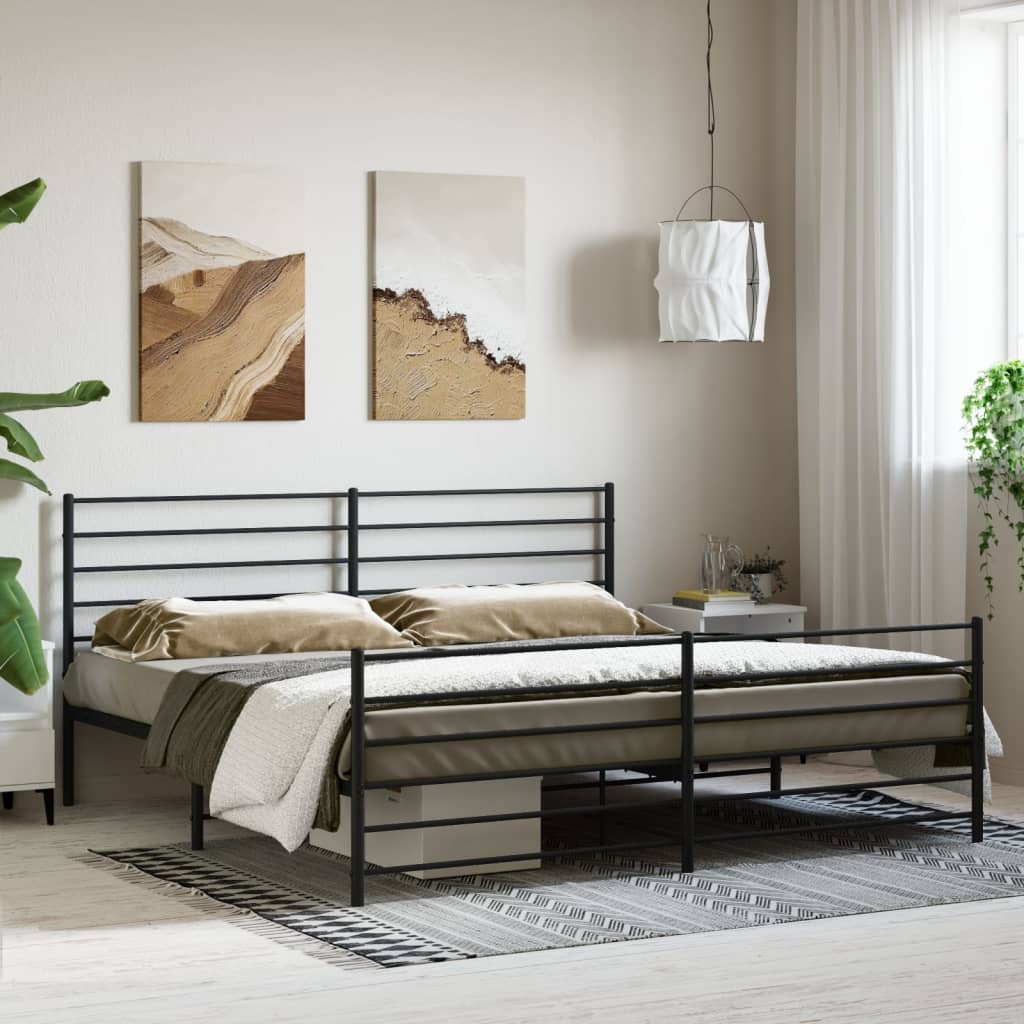 Modern dark grey metal bed frame with horizontal slats on headboard and footboard