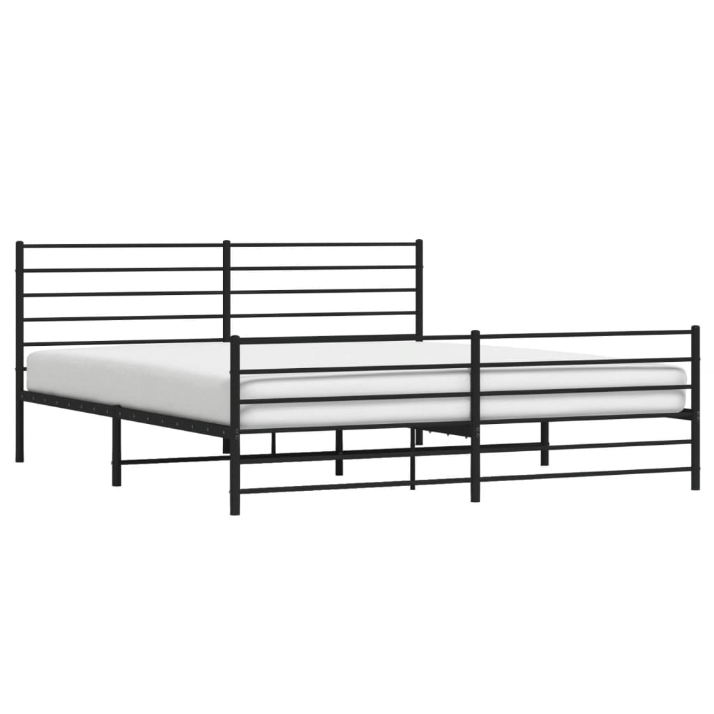 Black metal bed frame with minimalist horizontal slats and a tall headboard
