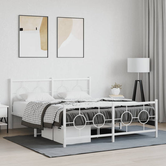 White metal twin bed frame with circular accents and underbed storage drawers