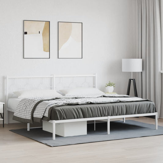 White metal platform bed frame with a minimalist design and integrated storage drawer