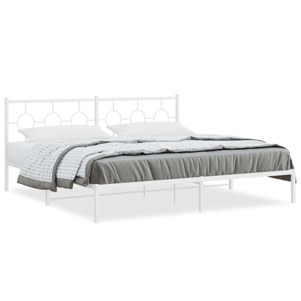 Metal bed frame with circular headboard design and included dimensions