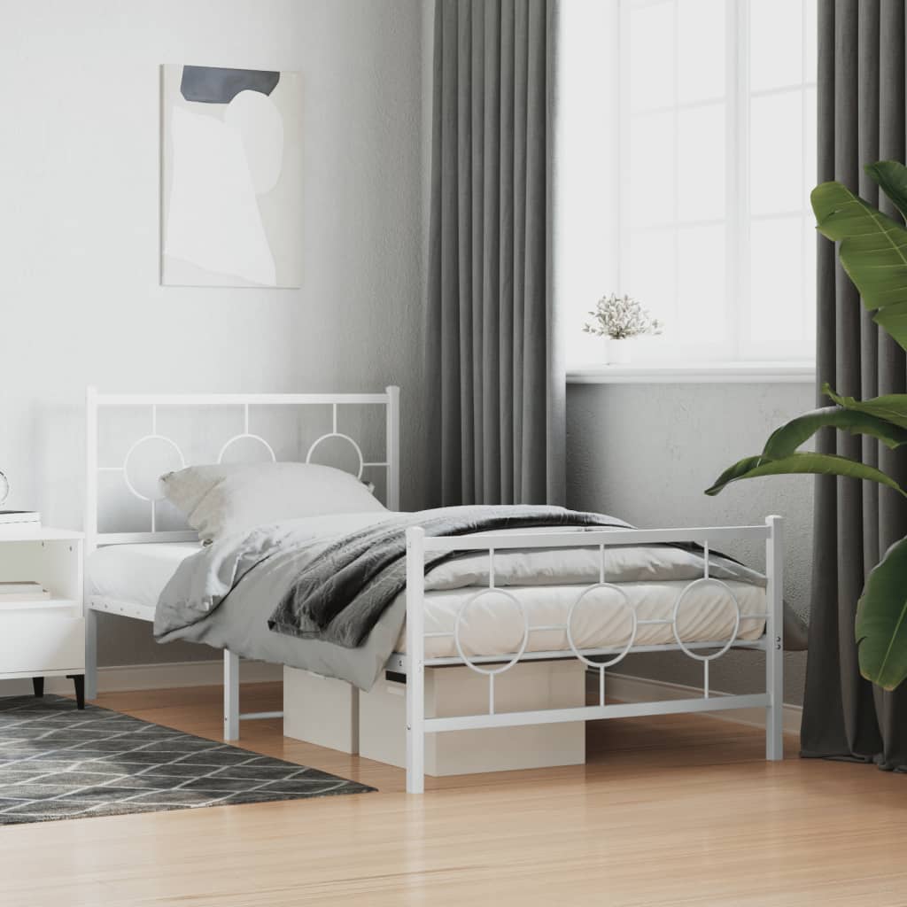White metal bed frame with circular headboard design