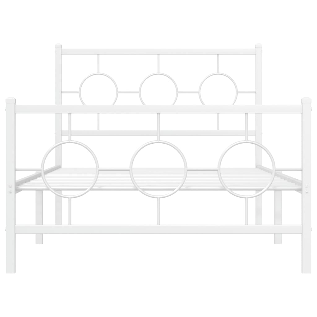 Modern white metal bed frame with circular headboard details