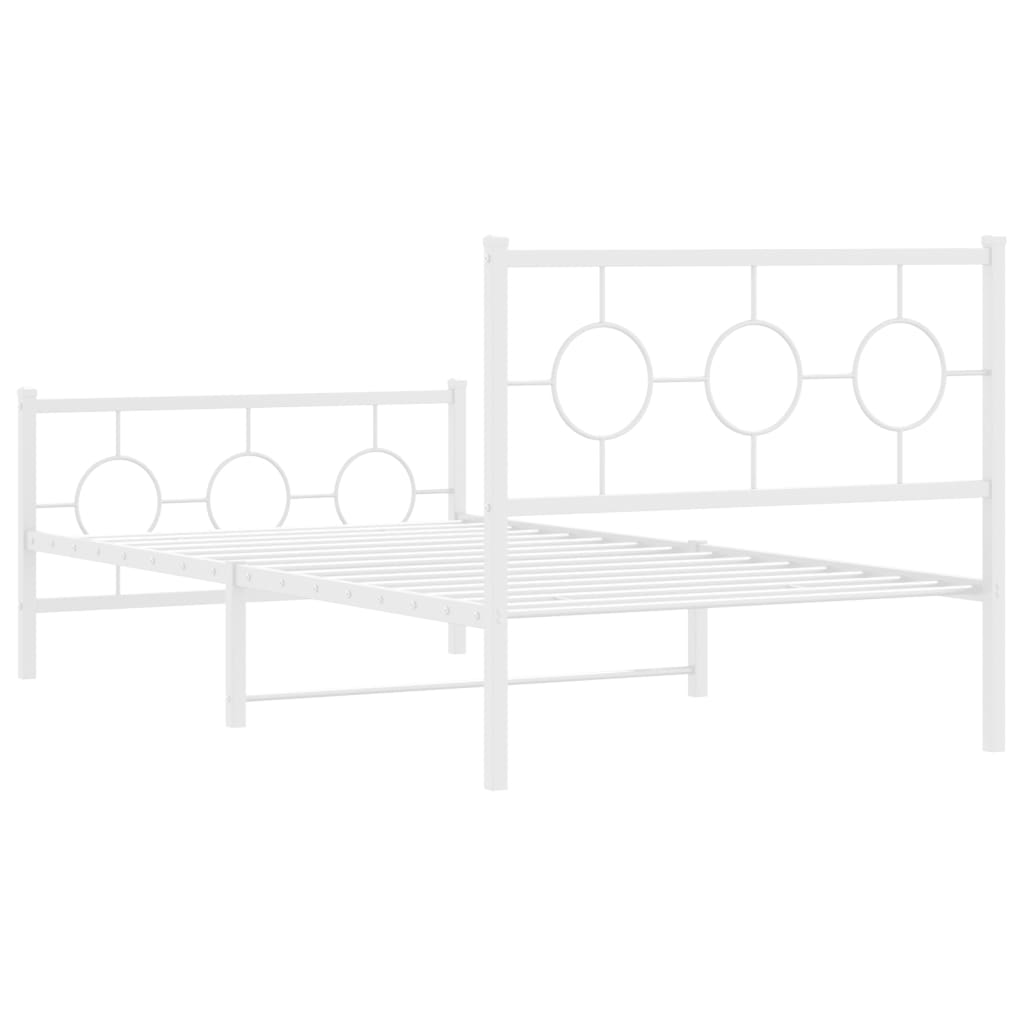 White metal twin bed frame with decorative circular headboard and footboard