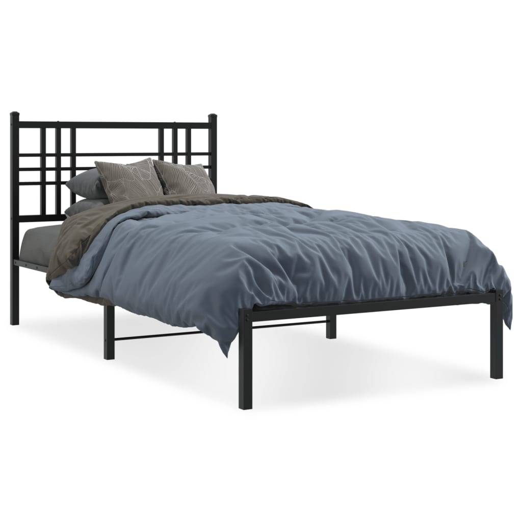 Metal bed frame with headboard and slatted base dimensions annotated