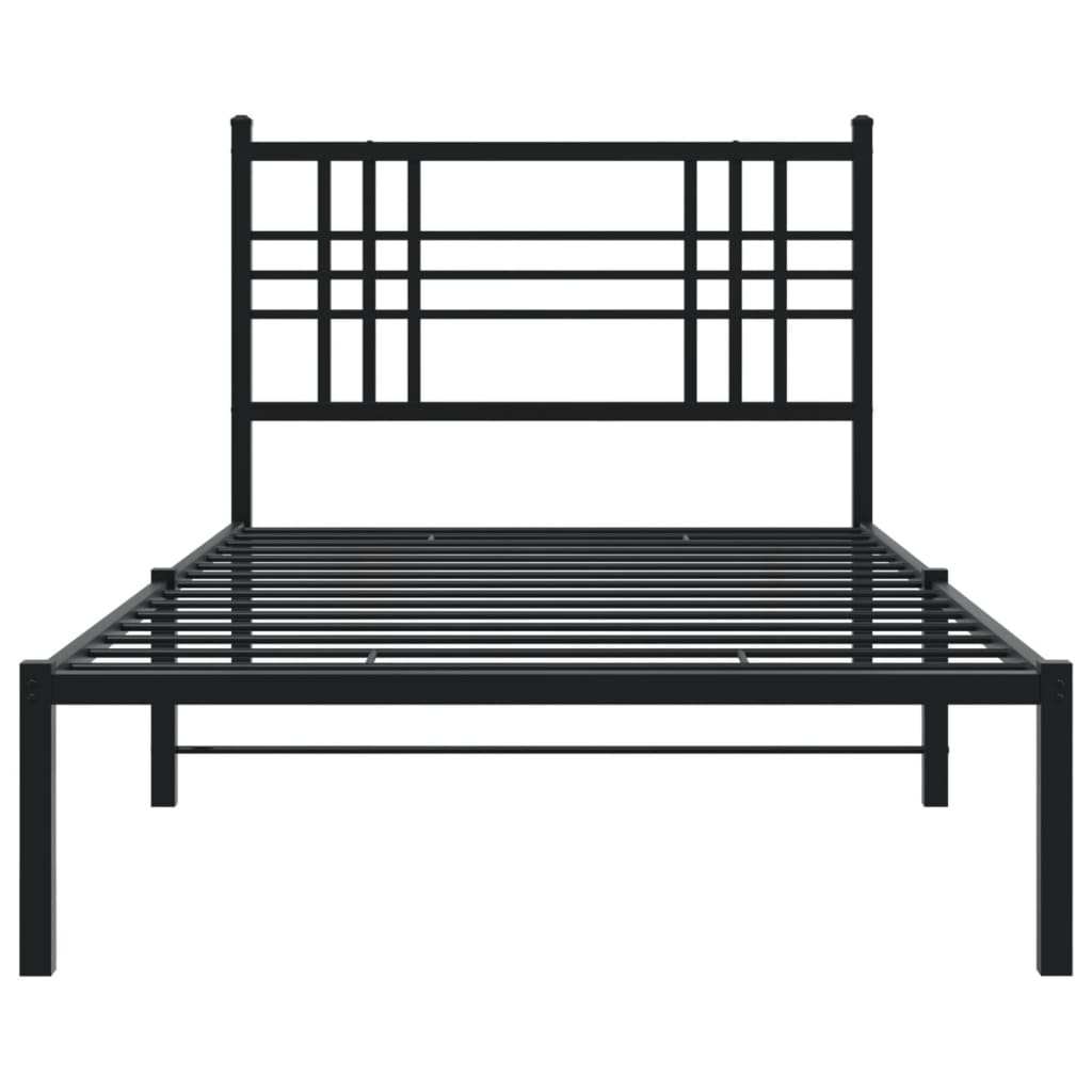 Black metal twin bed frame with slatted headboard and platform base
