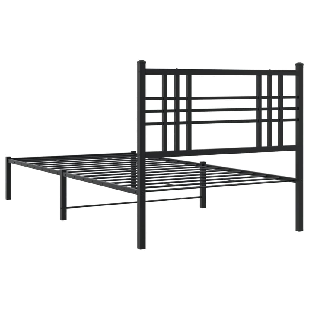 Black metal bed frame with a simple headboard and slatted support