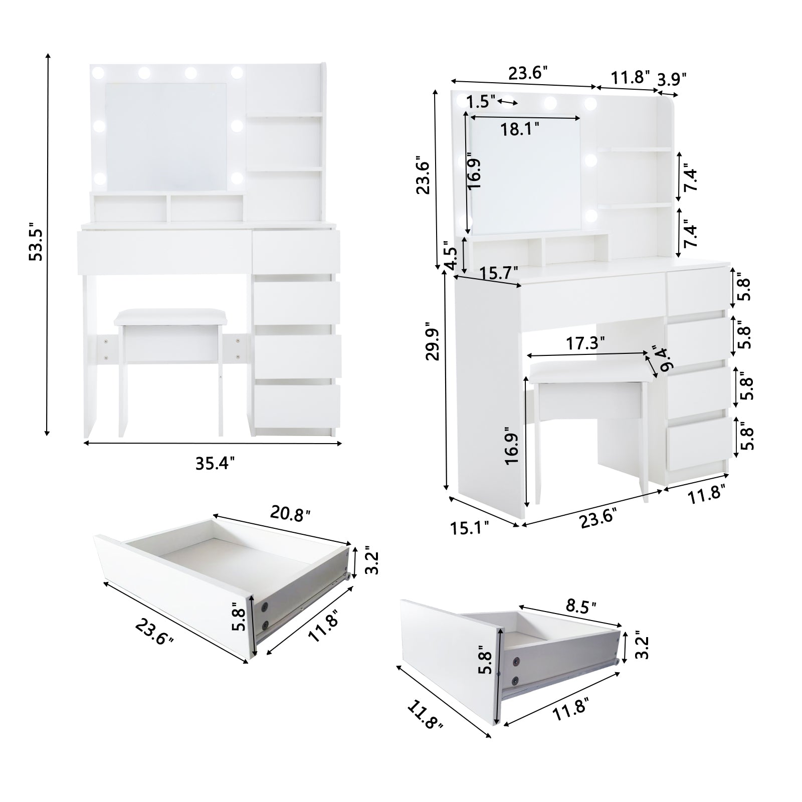White vanity desk with LED lights and drawers