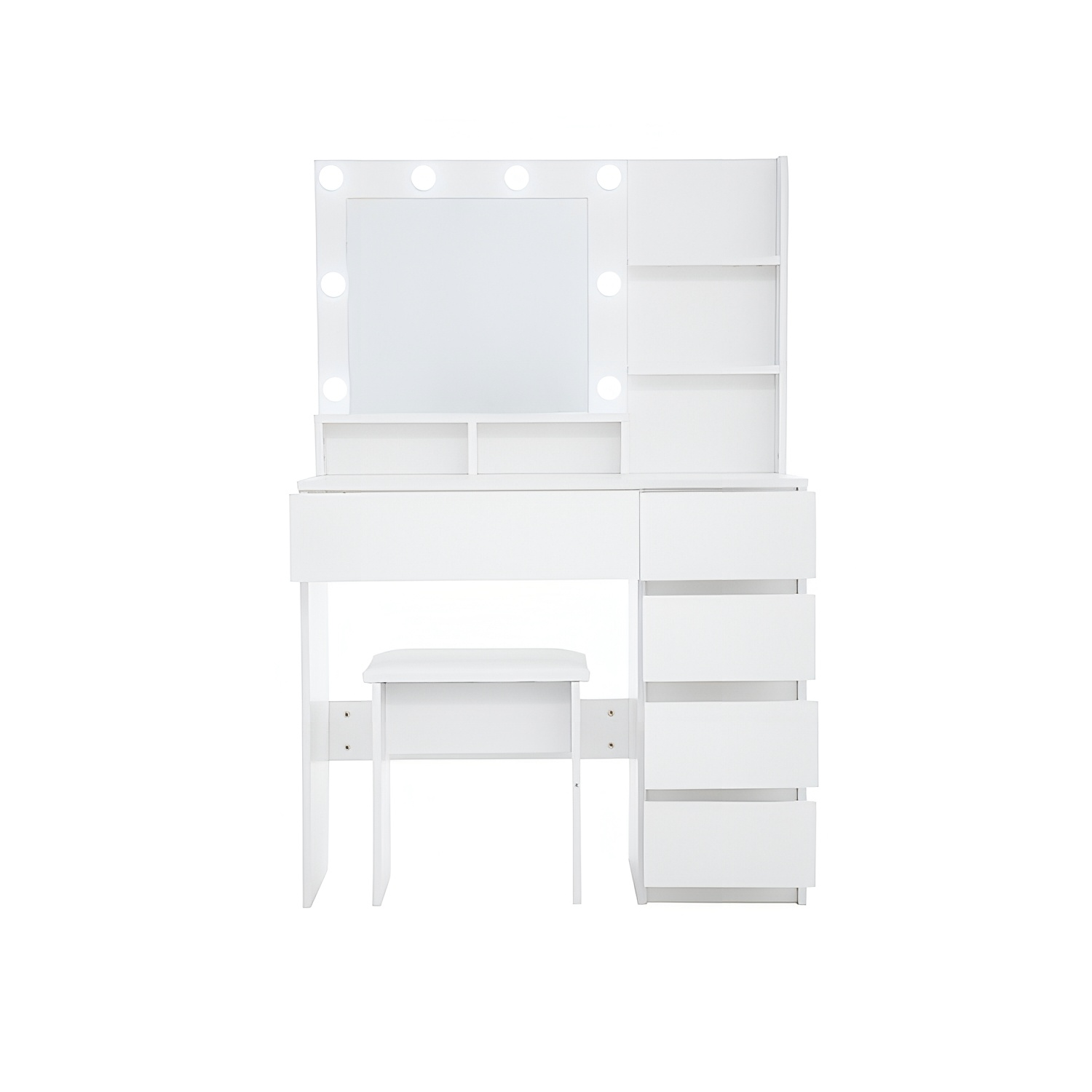 White vanity desk with Hollywood lights and makeup storage