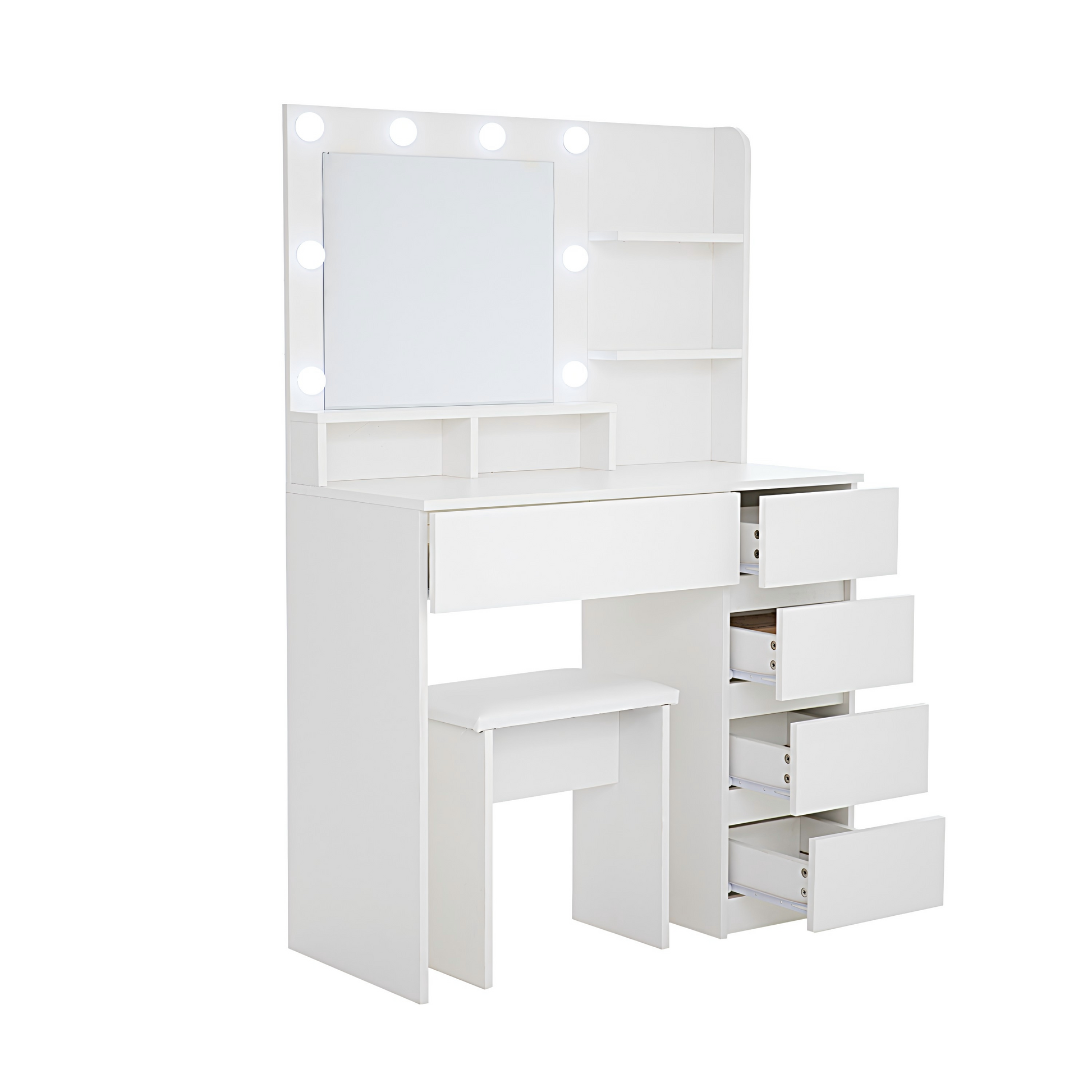White vanity desk with LED lights and drawers