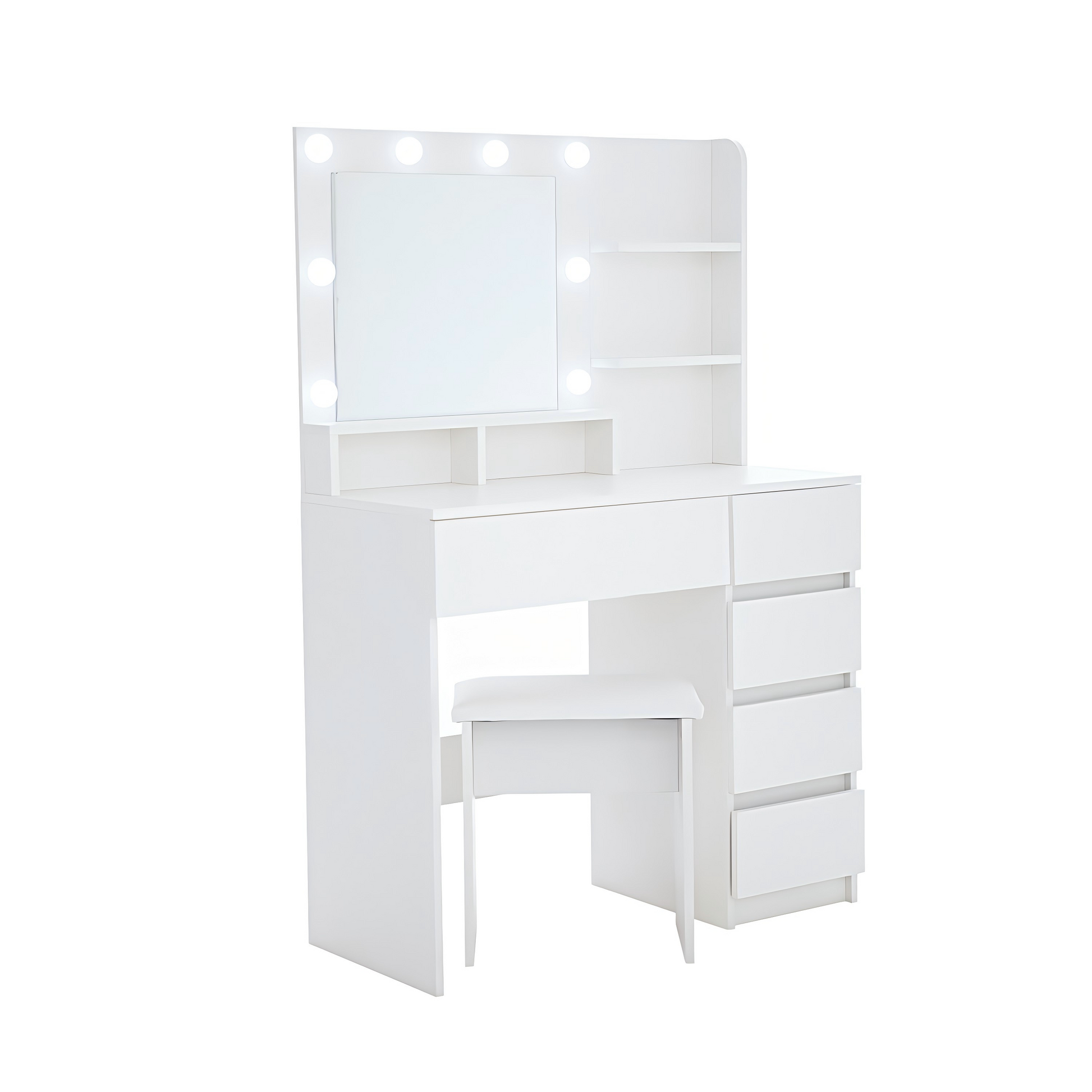 White vanity table with lighted mirror and storage drawers
