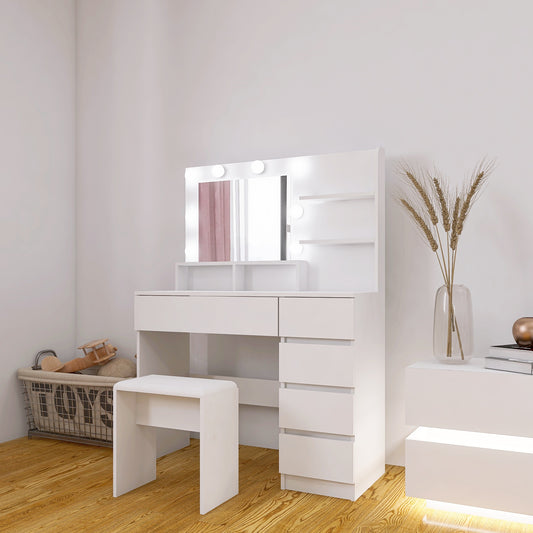 White vanity table with lighted mirror and stool
