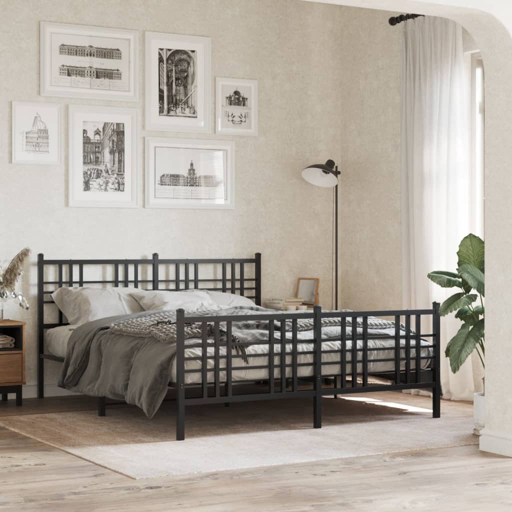 Dark metal full bed frame with a geometric headboard and footboard