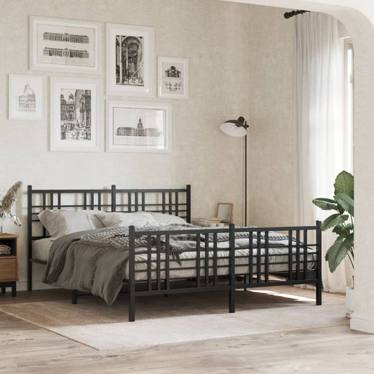 Dark metal full bed frame with a geometric headboard and footboard