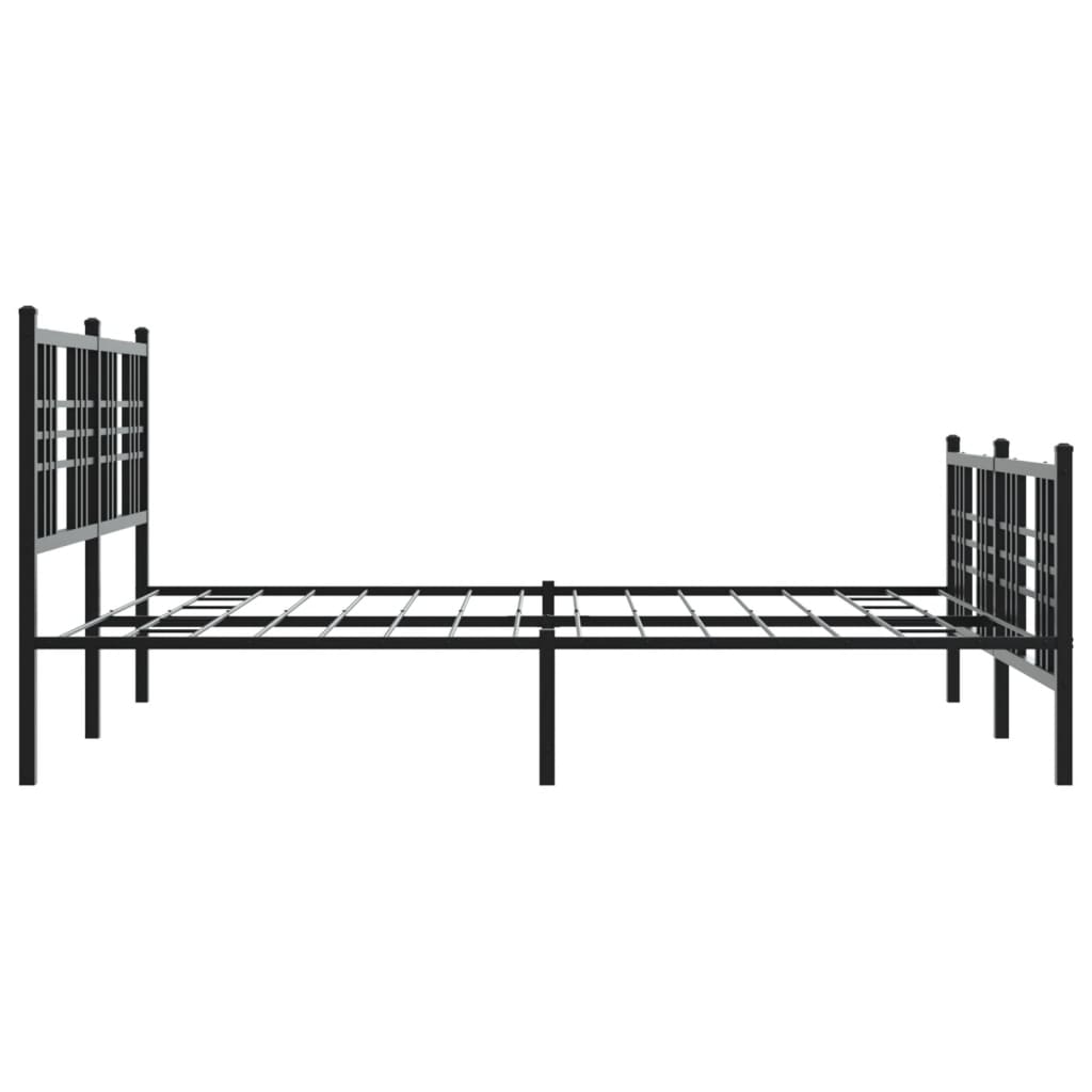 Black metal platform bed frame with a modern grid headboard and footboard