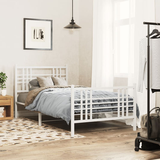 White metal bed frame with a slatted headboard and footboard featuring a minimalist modern design