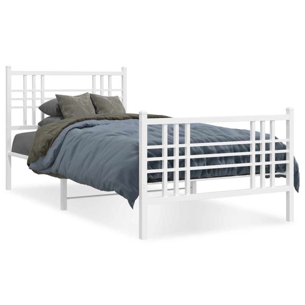 Diagram showing dimensions of a white metal twin bed frame with a slatted headboard and footboard
