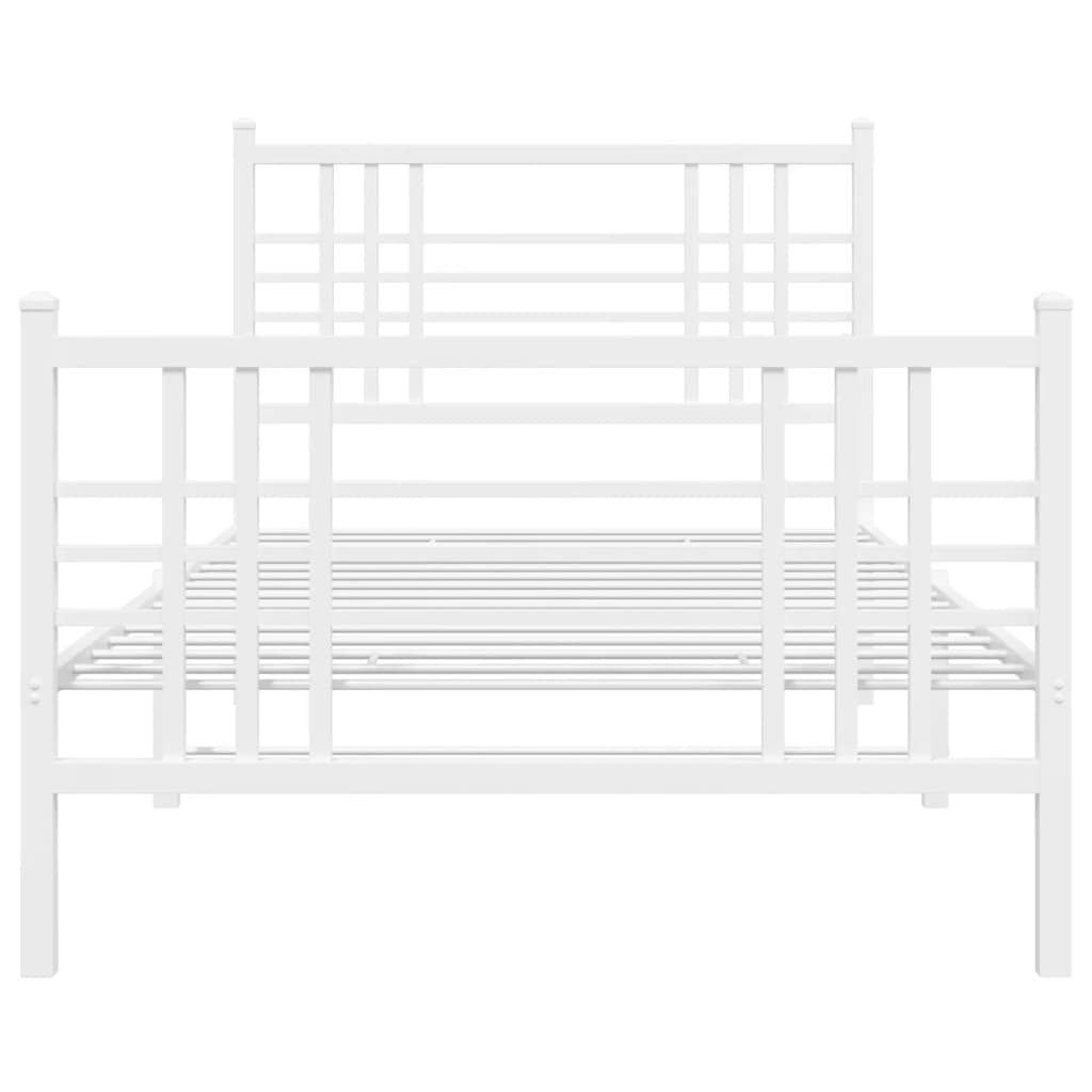 White metal bed frame with a slatted headboard and footboard