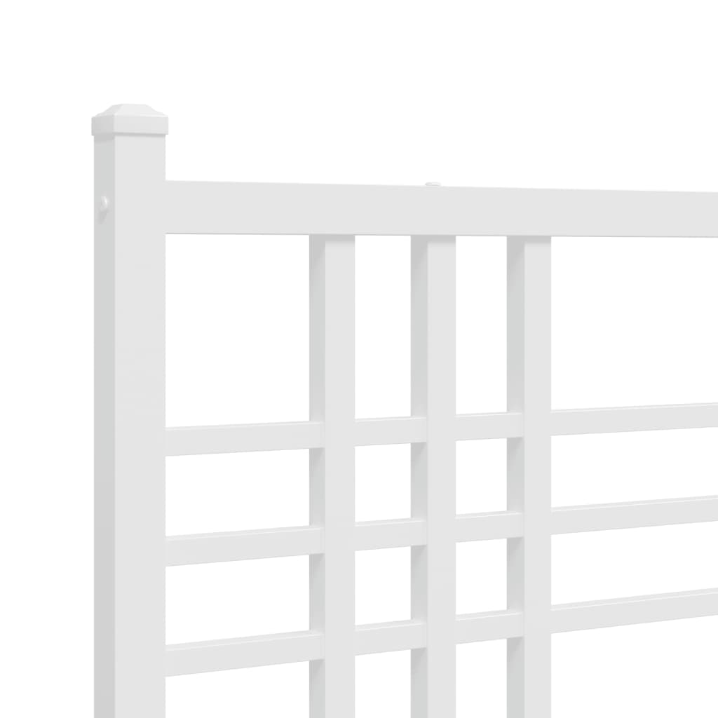 White metal bed frame with slat support system and geometric headboard