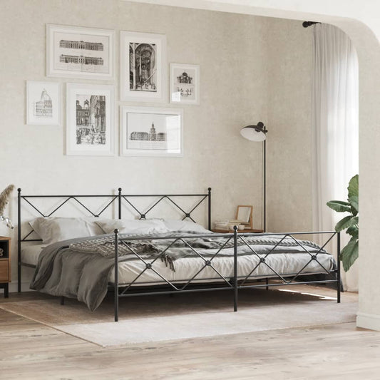 Black metal queen bed frame with ornate diamond pattern headboard