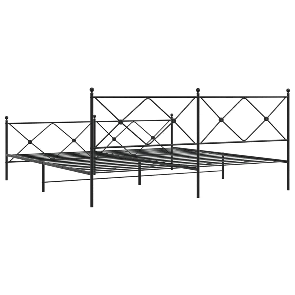 Black metal bed frame with decorative headboard and footboard