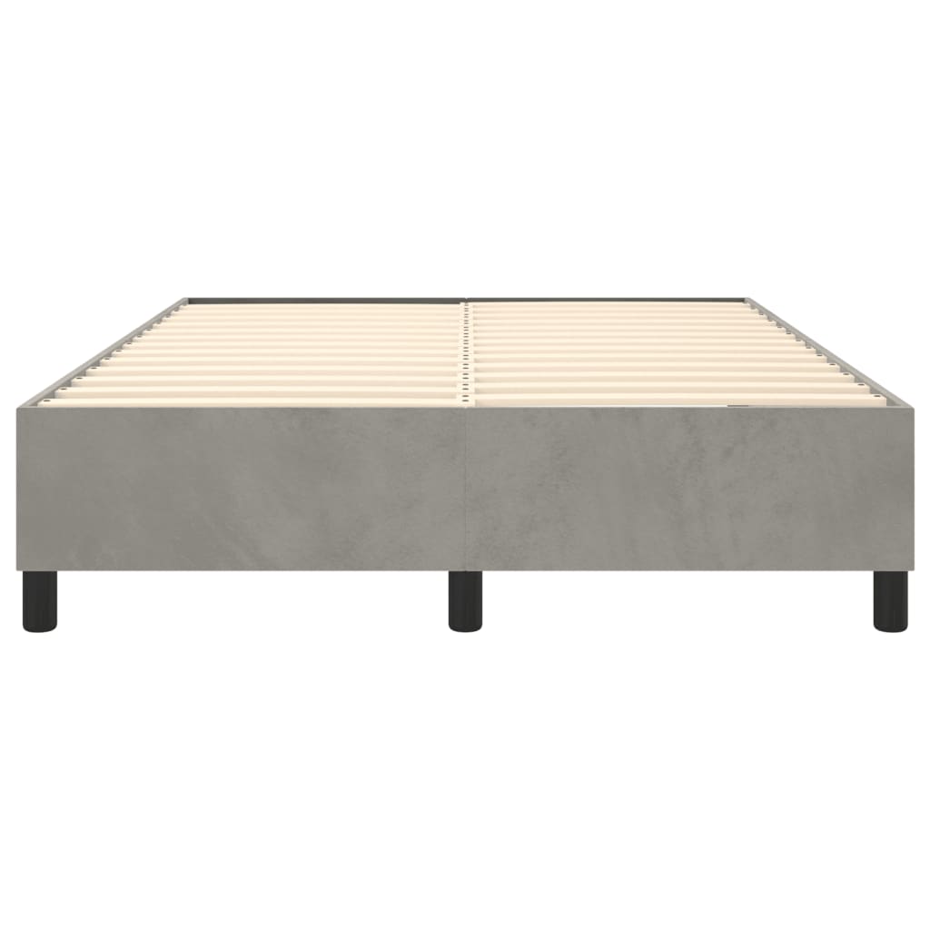 Modern grey upholstered bed frame with wooden slats