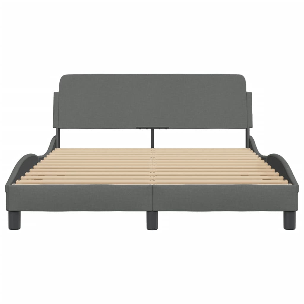 Modern grey upholstered platform bed frame with wooden slats