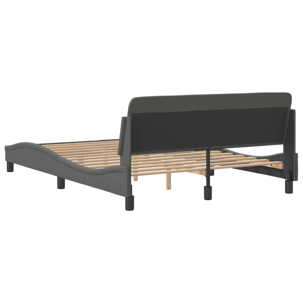 Dark grey fabric bed frame with waveshaped headboard and wooden slats