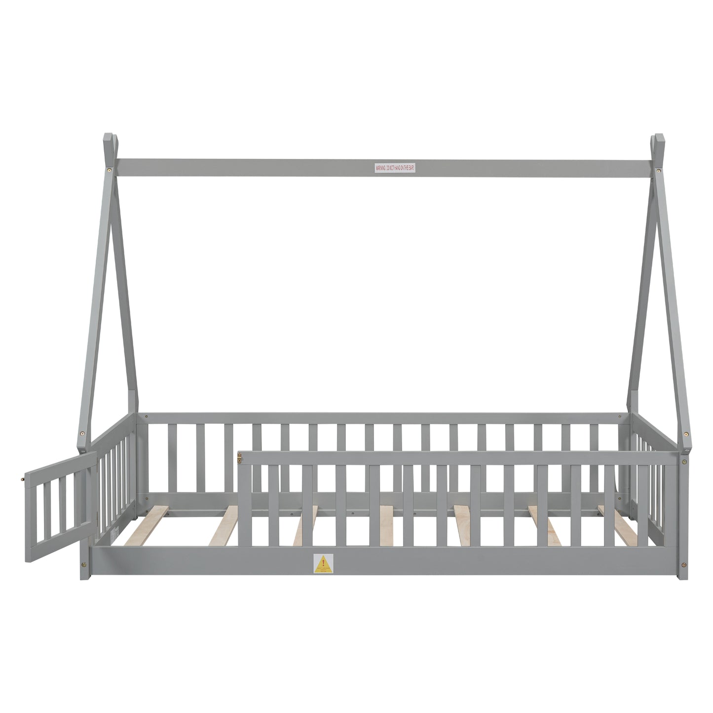 Grey wooden house bed frame with guardrails and a builtin ladder cutout ideal for childrens bedrooms